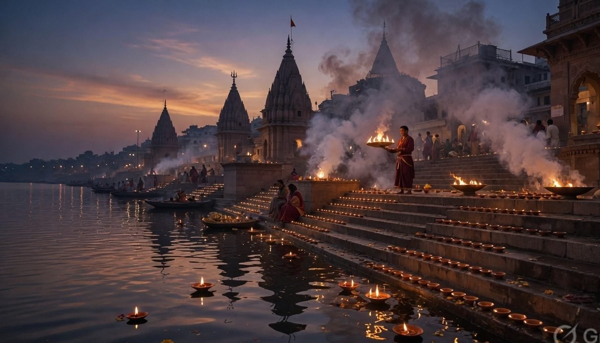 Evening aarti on a sacred river ghat with temple spires and diyas