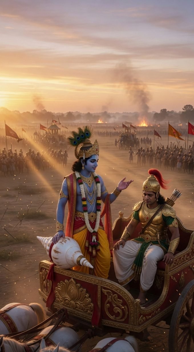 Bhagavad Gita app scene of Krishna and Arjuna